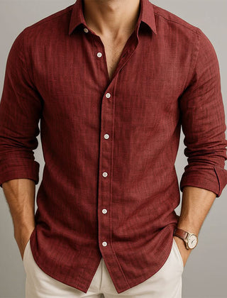 Men's red linen button-up shirt with long sleeves and collar