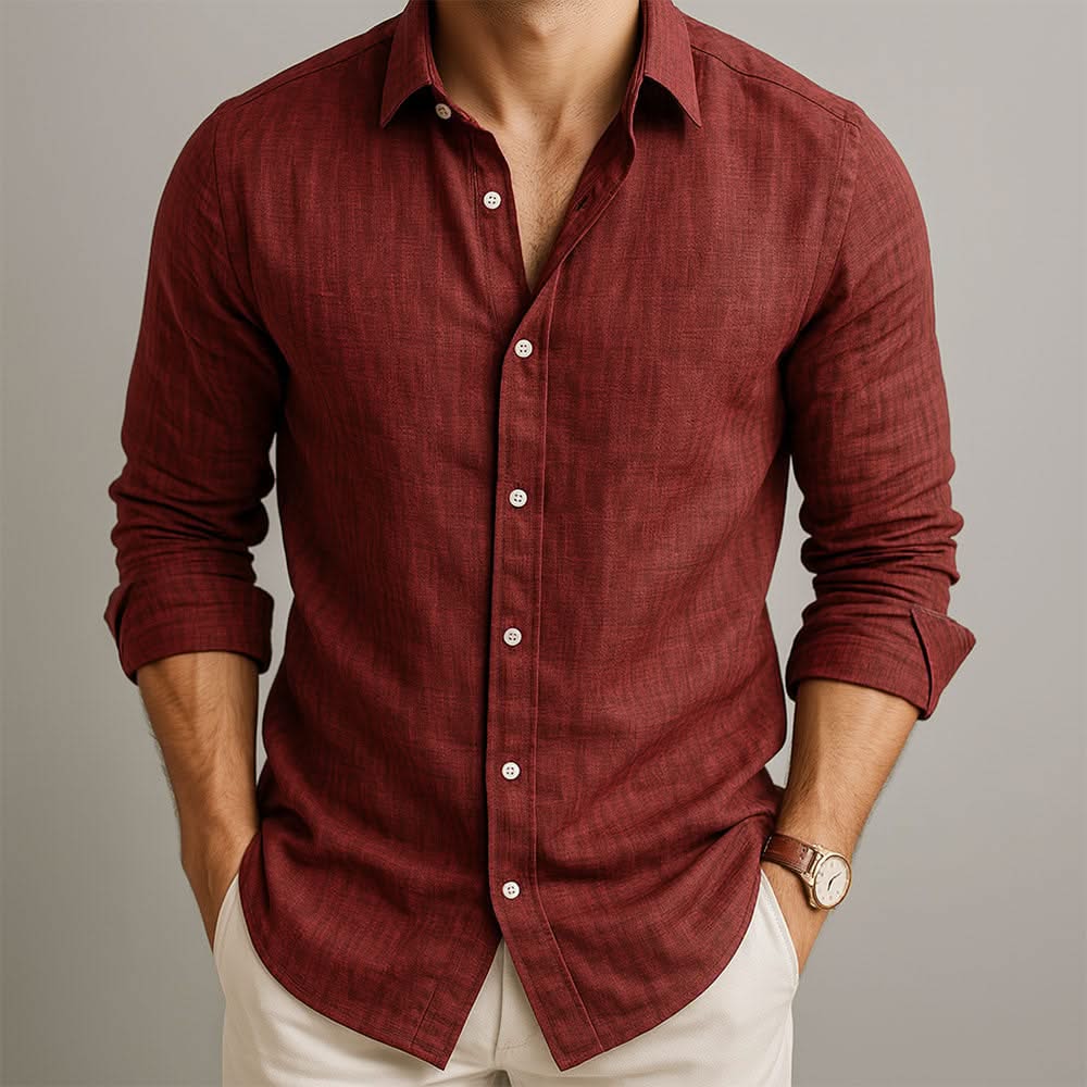 Men's red linen button-up shirt with long sleeves and collar