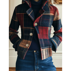 Multicolored plaid jacket with button front and notched collar, long sleeves.