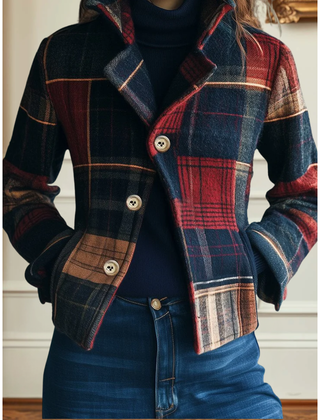 Multicolored plaid jacket with button front and notched collar, long sleeves.