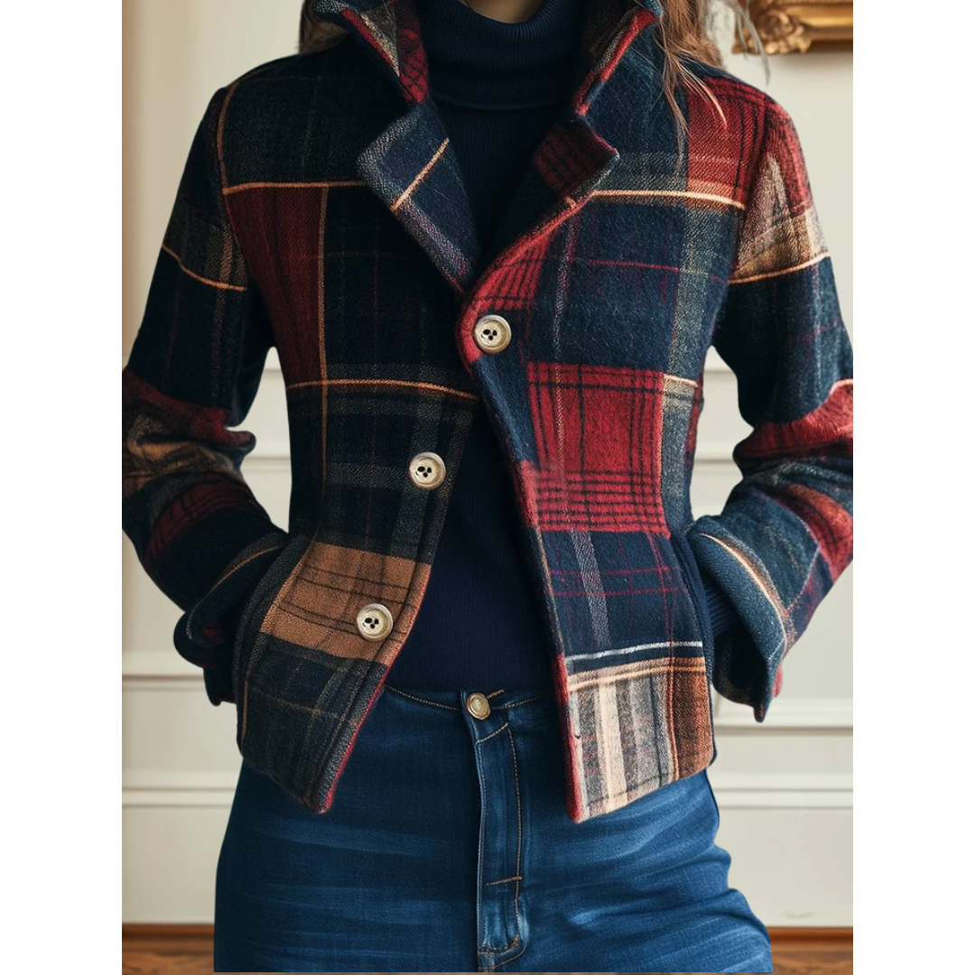 Multicolored plaid jacket with button front and notched collar, long sleeves.