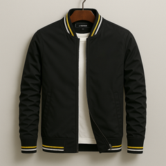 Men's black bomber jacket with zip front, ribbed collar, striped cuffs in yellow and white