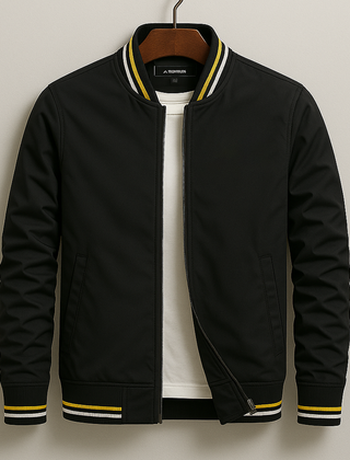 Men's black bomber jacket with zip front, ribbed collar, striped cuffs in yellow and white