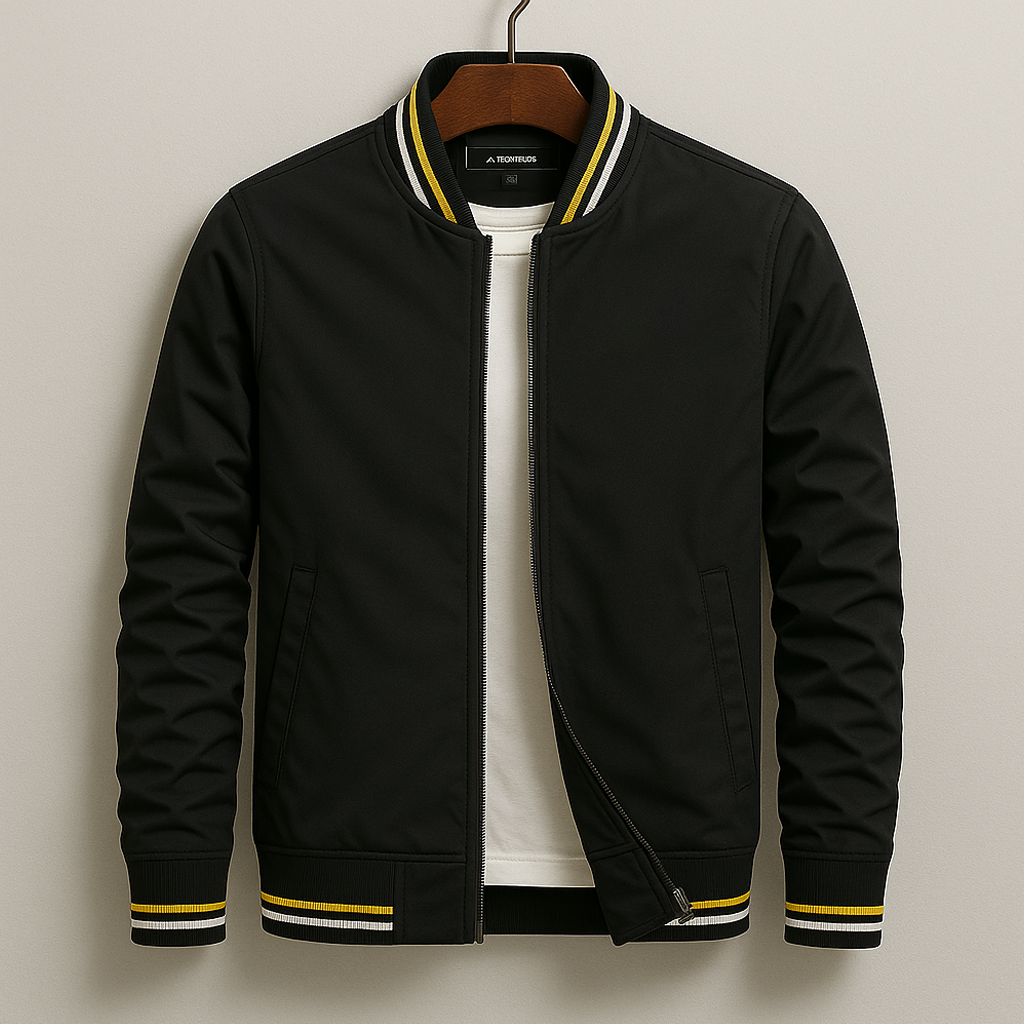 Men's black bomber jacket with zip front, ribbed collar, striped cuffs in yellow and white