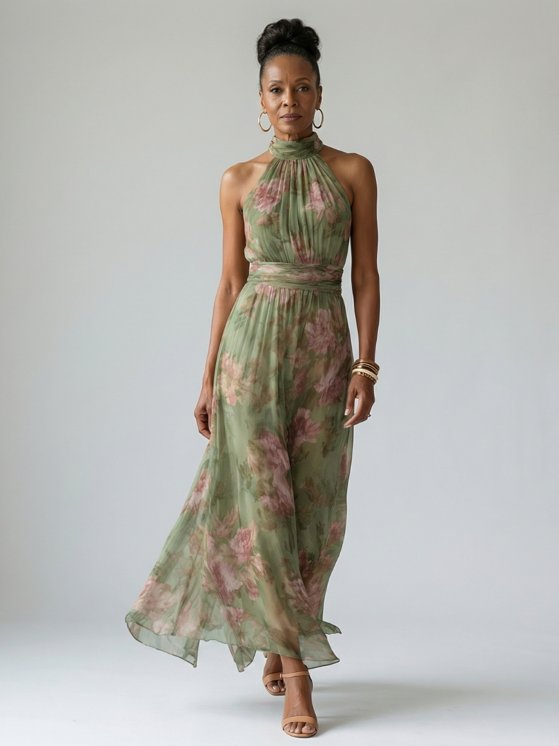 Floral gathered halter midi dress, green with pink flowers; high neck and cinched waist.