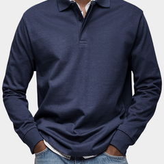 Men's long-sleeve polo shirt in navy, button placket and ribbed cuffs