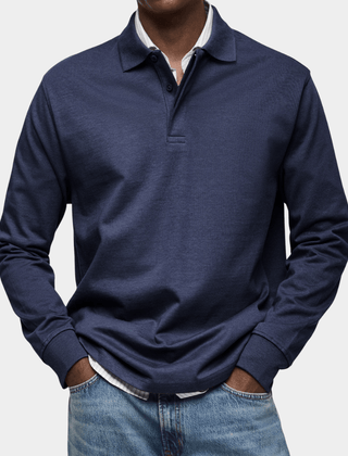 Men's long-sleeve polo shirt in navy, button placket and ribbed cuffs