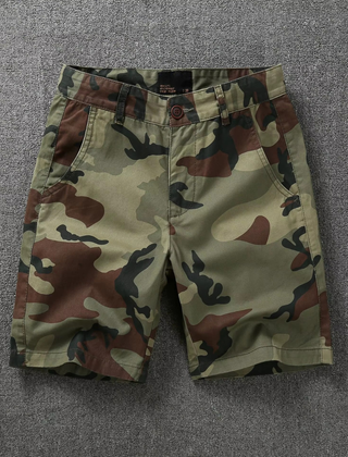 Camouflage tactical flex shorts, front view, belt loops and button fly with side pockets