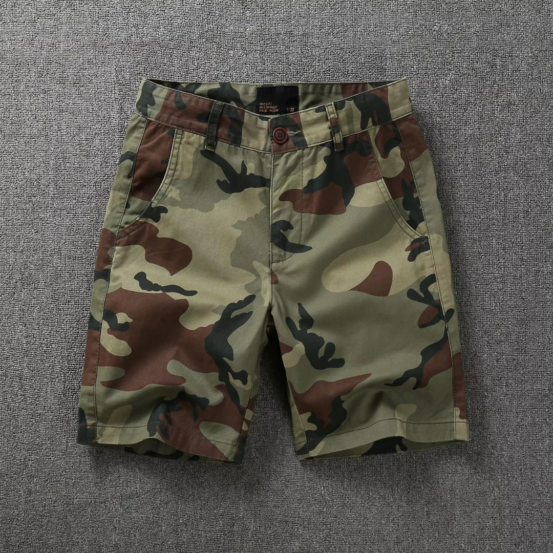 Camouflage tactical flex shorts, front view, belt loops and button fly with side pockets