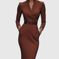 Refined midi dress in brown with V-neck wrap styling and waist belt