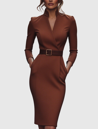 Refined midi dress in brown with V-neck wrap styling and waist belt
