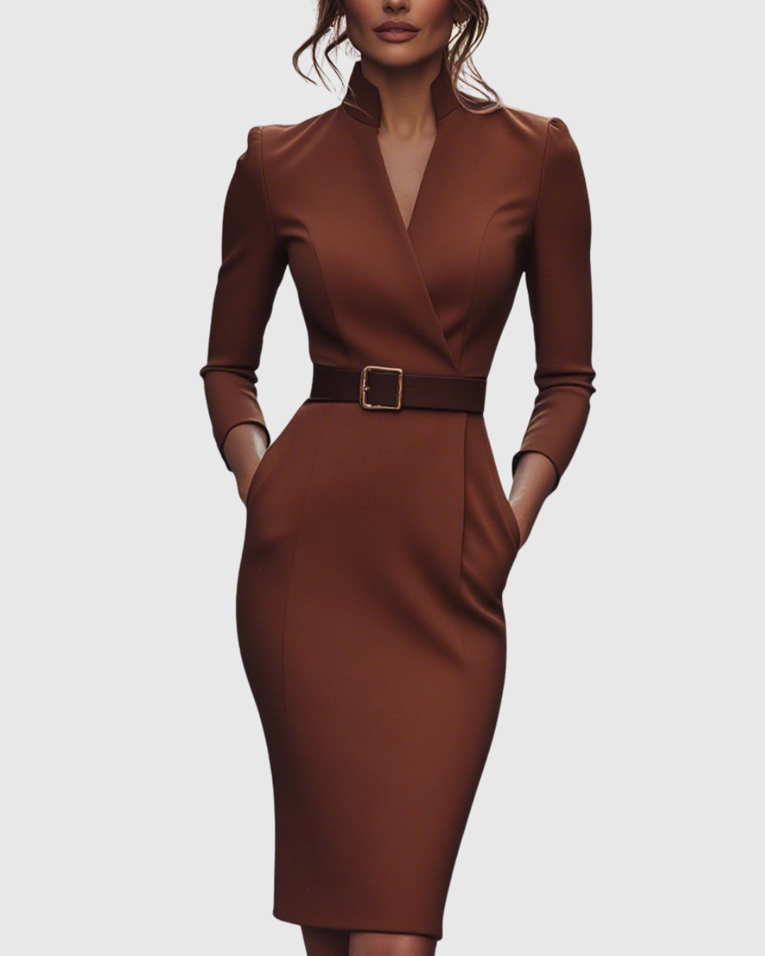 Refined midi dress in brown with V-neck wrap styling and waist belt