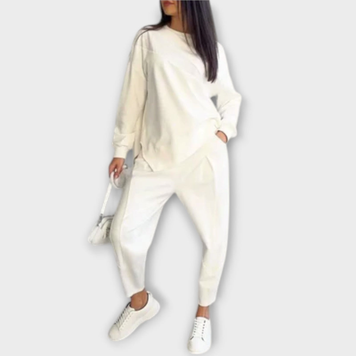 White casual two-piece set with long-sleeve sweatshirt and jogger pants