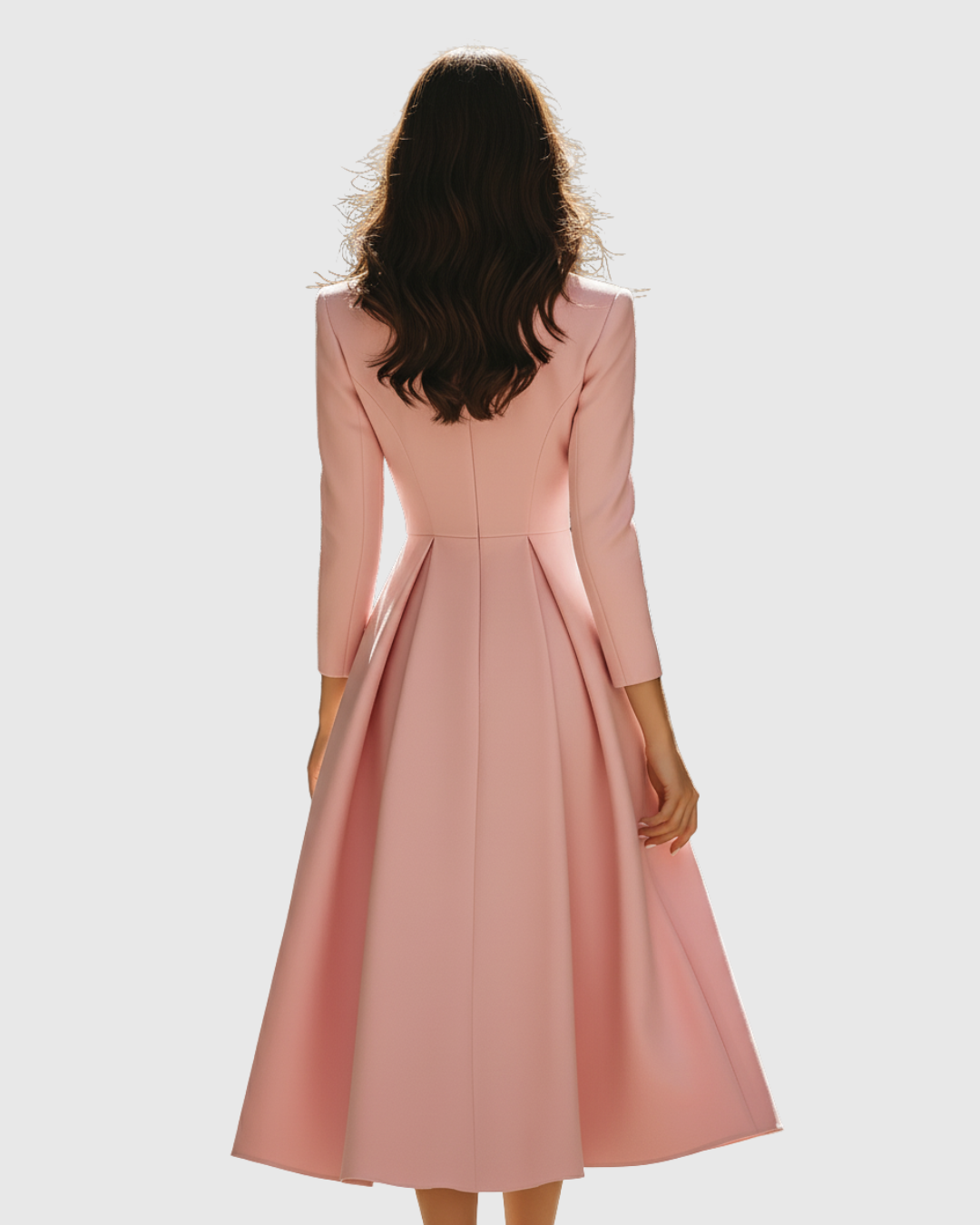 Back view of blazer-style pleated midi dress in blush pink with long sleeves and seams