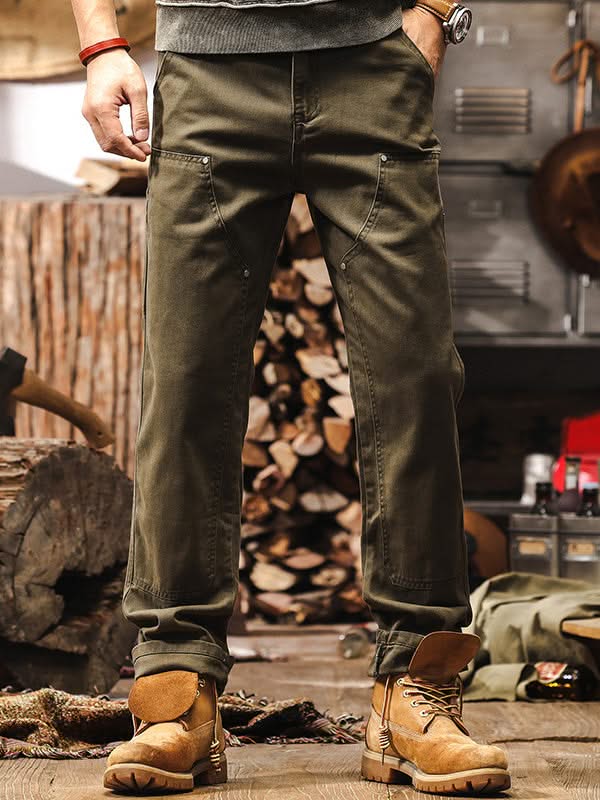 Army green straight-leg utility pants with multiple front pockets and belt loops