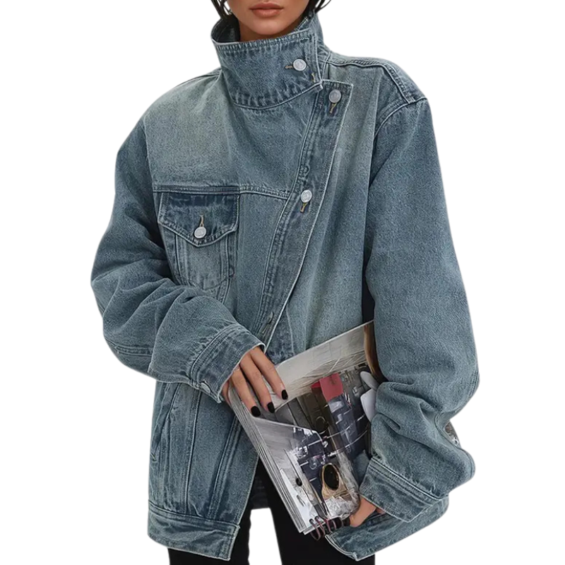 Asymmetric blue denim button jacket with stand collar and chest pockets