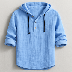 Blue hoodie shirt with hood drawstrings and button henley placket, 3/4 sleeves.