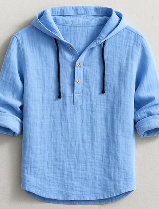 Blue hoodie shirt with hood drawstrings and button henley placket, 3/4 sleeves.