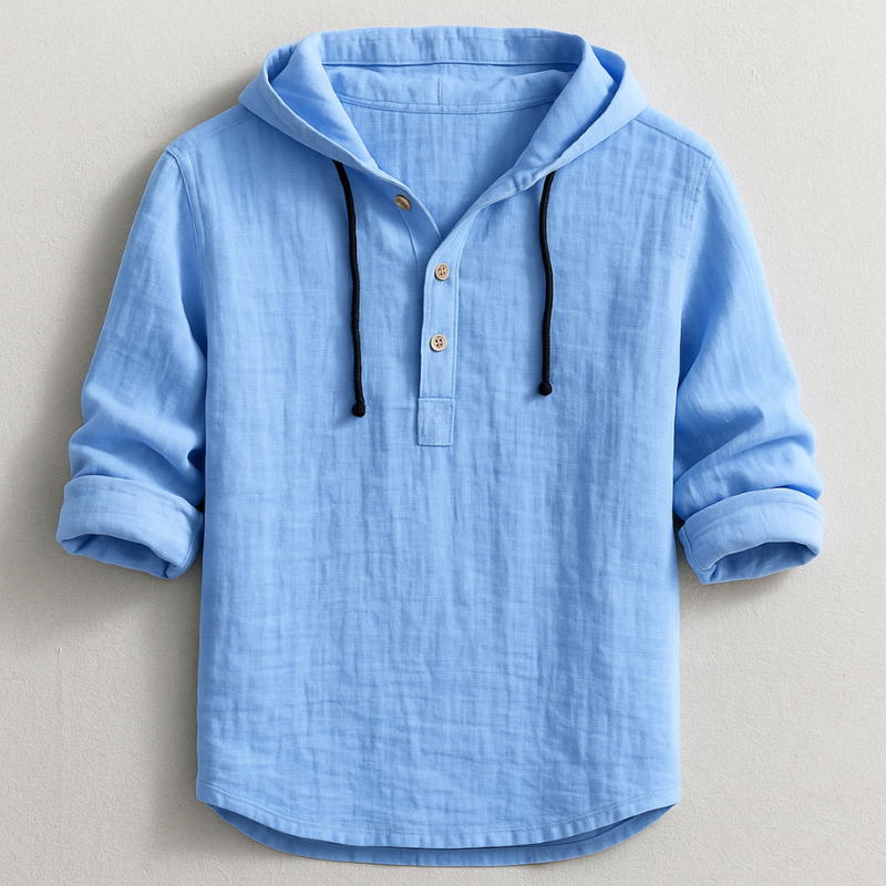 Blue hoodie shirt with hood drawstrings and button henley placket, 3/4 sleeves.