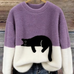 Purple and white cat print sweatshirt with long sleeves and crew neck