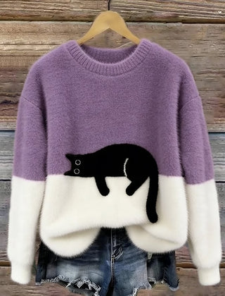Purple and white cat print sweatshirt with long sleeves and crew neck