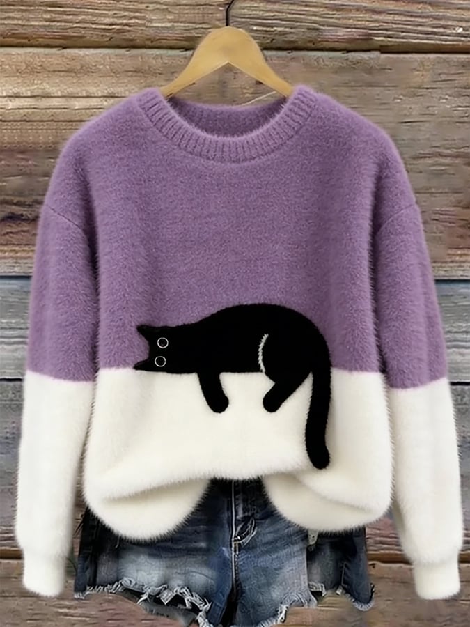 Purple and white cat print sweatshirt with long sleeves and crew neck