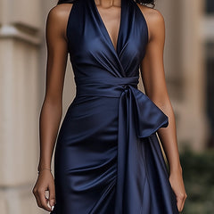 Navy satin wrap maxi dress with tied waist sash and layered ruffle skirt