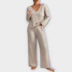 Beige ribbed knit two-piece set, V-neck long-sleeve top and wide-leg pants