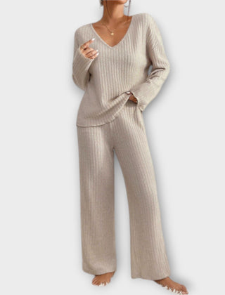 Beige ribbed knit two-piece set, V-neck long-sleeve top and wide-leg pants