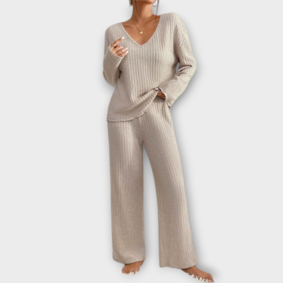 Beige ribbed knit two-piece set, V-neck long-sleeve top and wide-leg pants