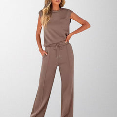 Taupe sleeveless lounge co-ord set with pocket top and drawstring wide-leg pants