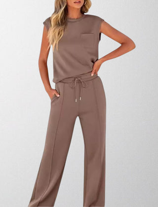 Taupe sleeveless lounge co-ord set with pocket top and drawstring wide-leg pants