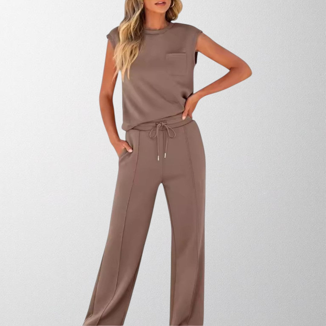 Taupe sleeveless lounge co-ord set with pocket top and drawstring wide-leg pants