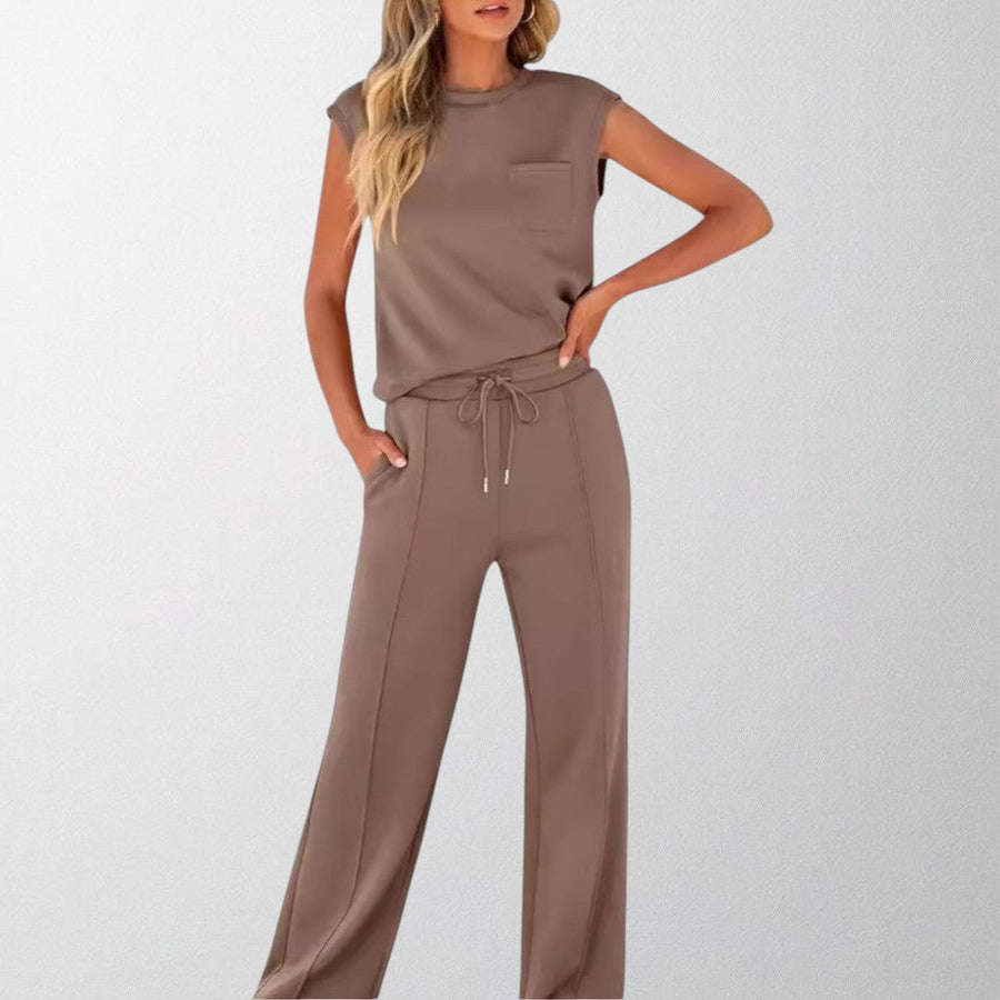 Taupe sleeveless lounge co-ord set with pocket top and drawstring wide-leg pants