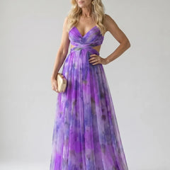Floral print wrap maxi dress in vivid purple with V neckline and gathered waist