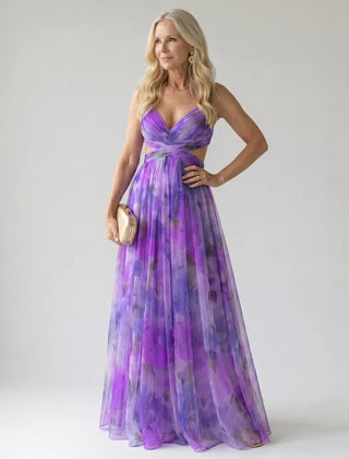 Floral print wrap maxi dress in vivid purple with V neckline and gathered waist