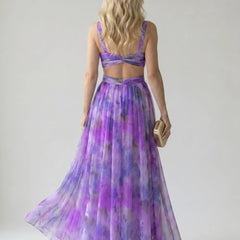 Purple floral maxi dress back, crisscross straps and full gathered skirt