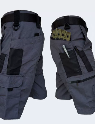 Charcoal grey outdoor tactical shorts with cargo pockets and tan panel utility pouch