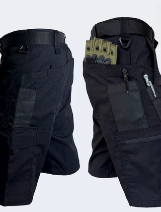 Dark navy outdoor tactical shorts with cargo pockets, zipper details, and holster straps