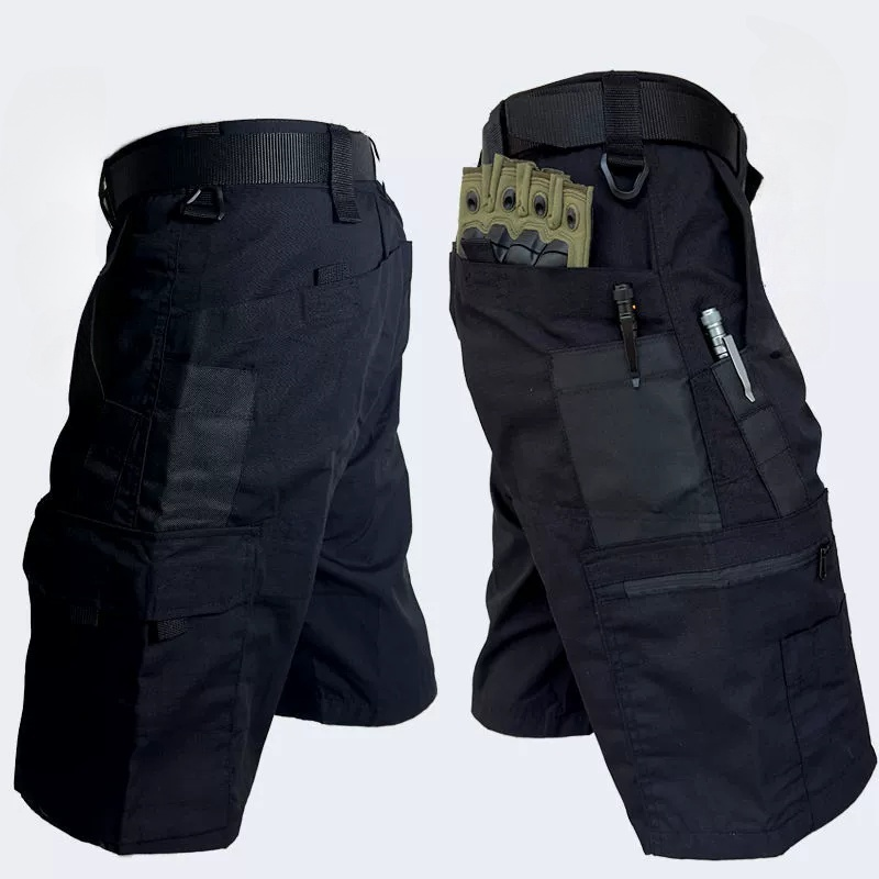 Dark navy outdoor tactical shorts with cargo pockets, zipper details, and holster straps