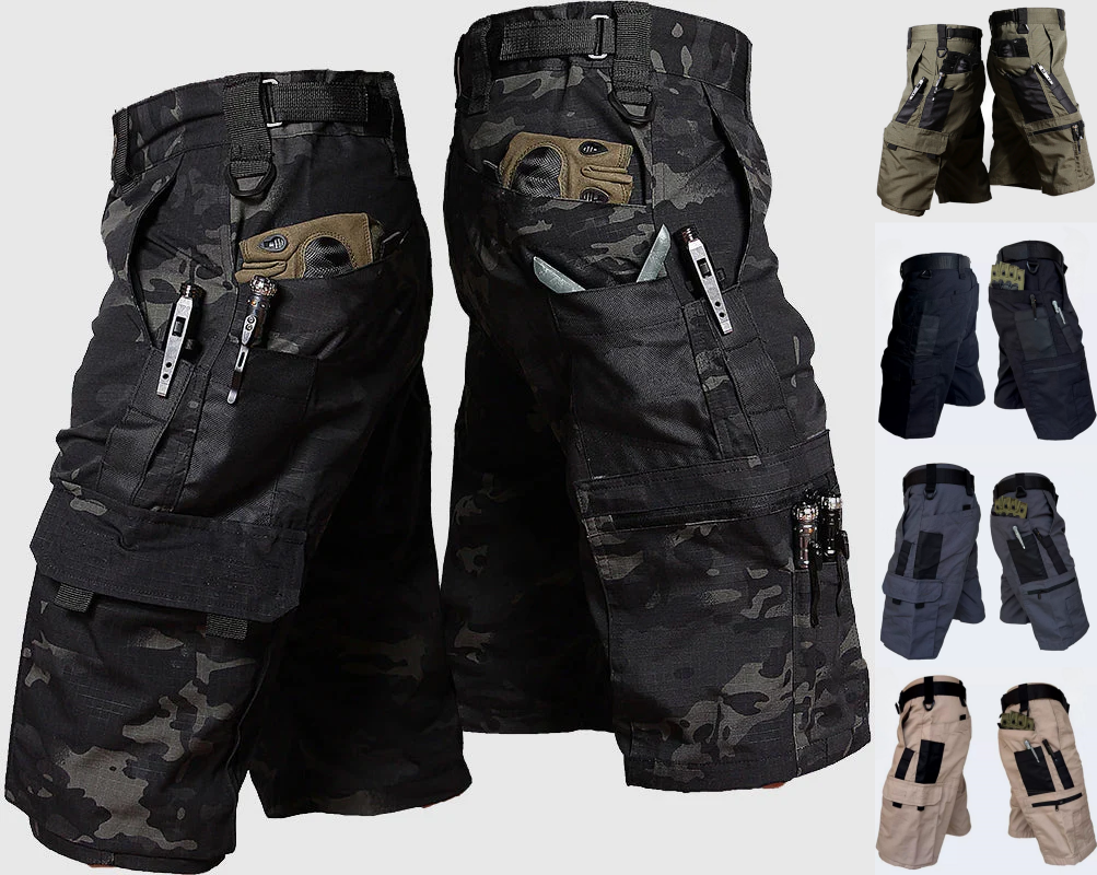 Outdoor tactical shorts set showing dark camo pairs with cargo pockets and utility straps