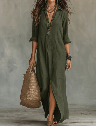 Green button-front maxi dress with V-neck, three-quarter sleeves, and side slit hem
