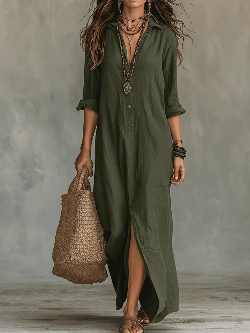 Green button-front maxi dress with V-neck, three-quarter sleeves, and side slit hem
