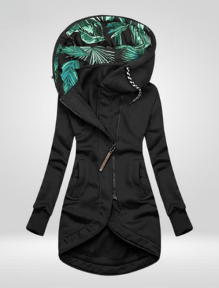 Black weatherproof winter coat with hood, front zipper, and drawstring hem