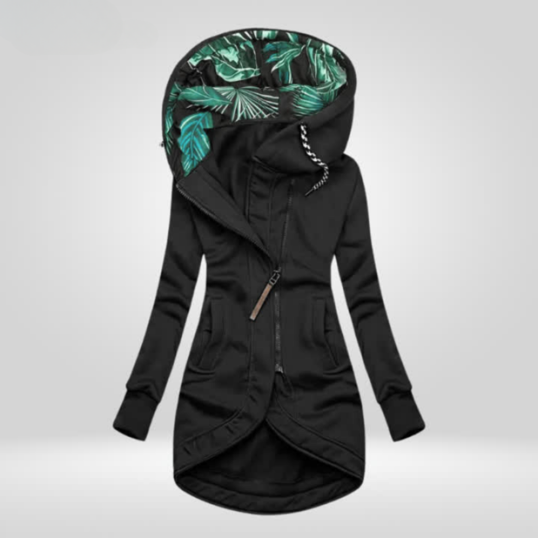 Black weatherproof winter coat with hood, front zipper, and drawstring hem