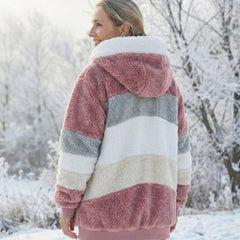 Bonnie colourblock plush jacket, back view, maroon hood and striped light blue and cream