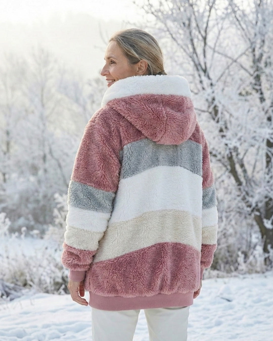 Bonnie colourblock plush jacket, back view, maroon hood and striped light blue and cream