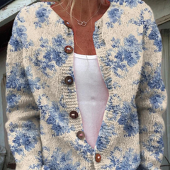 Women’s vintage knit cardigan, cream with blue floral print, button front, V-neck