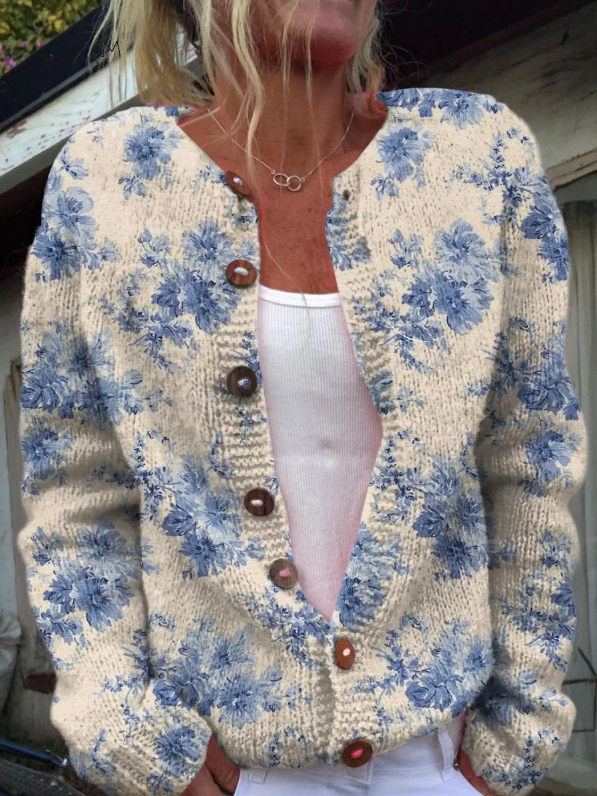 Women’s vintage knit cardigan, cream with blue floral print, button front, V-neck