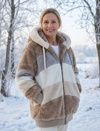 Colourblock plush jacket in tan and light gray with zip front and sherpa-lined hood